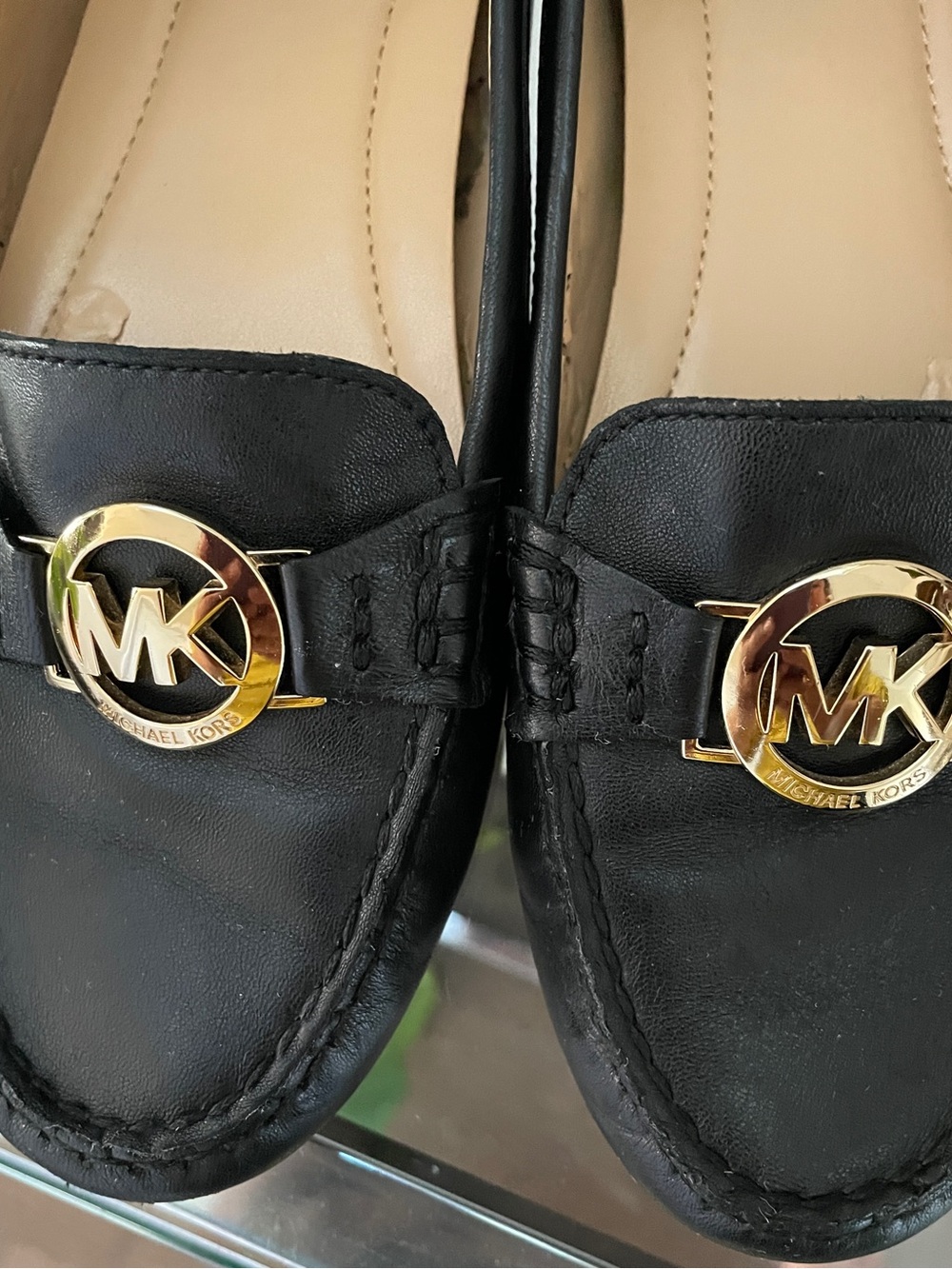 Michael Kors Black Leather Loafers with Gold MK Medallion